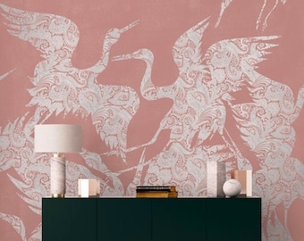 Beautiful Pink Heron Bird Wallpaper, Silver Metallic Luxury Chinoiserie Wallpaper Mural