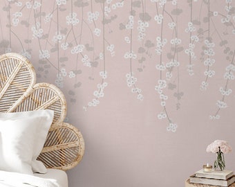 Cherry Blossom wallpaper, Pink Chinoiserie wallpaper, Floral peel and stick removable wallpaper