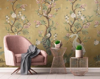 Gold Metallic Chinoiserie Cherry Blossom Bird Luxury wallpaper mural