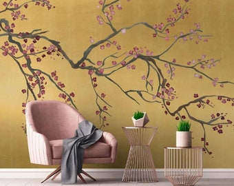 Chinoiserie goud metallic kersenbloesem behang, luxe behang mural