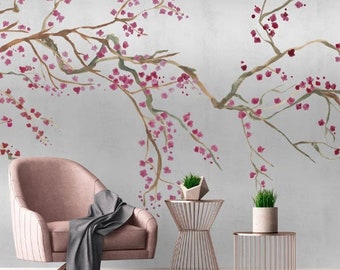 Chinoiserie silver metallic cherry blossom wallpaper, luxury wallpaper mural