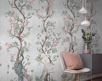 Silver Metallic Chinoiserie Cherry Blossom Bird Luxe behangmural