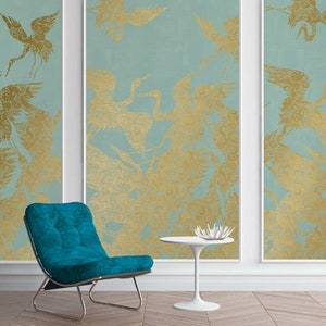 Bellissima carta da parati con uccello airone verde, decorazione murale di lusso cineserie color oro metallizzato