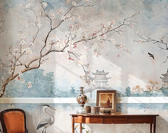 Tapeta Teal & Cream Japanese Cherry Blossom, zdejmowana, samoprzylepna