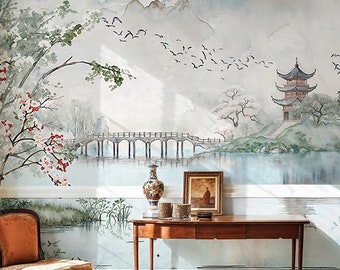 Tapeta Teal & Green Japanese Cherry Blossom, zdejmowana, samoprzylepna