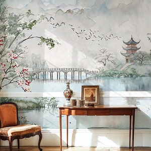 Papier peint bleu sarcelle et vert fleurs de cerisier du Japon, amovible autocollant