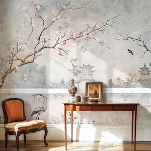 Graues und cremefarbenes japanisches Sakura See-Tapeten-Wandbild, entfernbares Peel-and-Stick-Wandbild