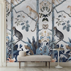 Silver Jungle Leopard Wallpaper, Luxury Metallic Wall mural