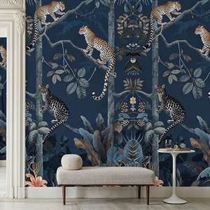 Carta da parati leopardata della giungla blu, murale rimovibile con stacca e incolla