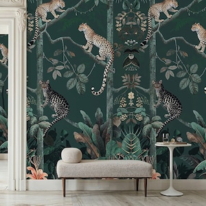 Carta da parati leopardata della giungla verde, murale rimovibile con stacca e incolla