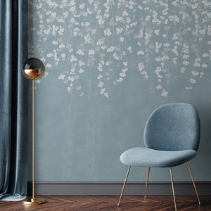 Cherry Blossom wallpaper, Blue Chinoiserie wallpaper, Floral peel and stick removable wallpaper