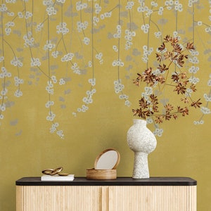Carta da parati Cherry Blossom, carta da parati Yellow Chinoiserie, carta da parati floreale staccabile e incollabile