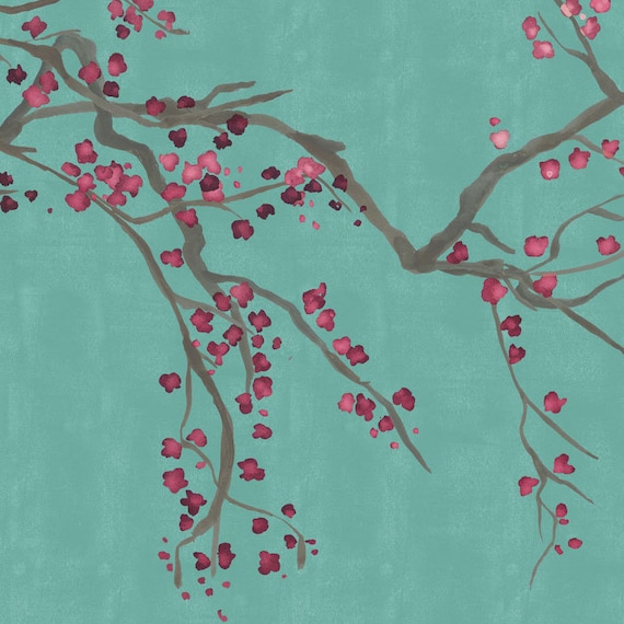 Chinoiserie Cherry Blossom Takeda Teal Wallpaper Mural 