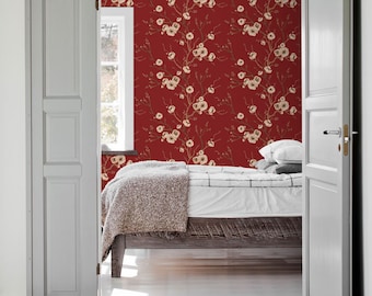 Chinoiserie red cherry blossom wallpaper, paste the wall removable peel and stick wallpaper