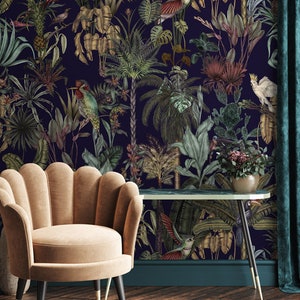 Tropische Vogel Tapete, dunkelblaues Dschungel Wandbild, abnehmbares Schälen und aufkleben, die Wand einkleben