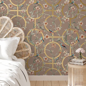 Carta da parati floreale marrone con uccelli geometrici, carta da parati di lusso in stile cinese metallizzato oro