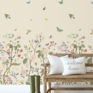 Butterfly wallpaper, cream floral wallpaper, paste the wall mural removable peel and stick