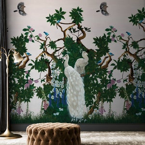 Chinoiserie bird wallpaper, Pink peacock wallpaper, Nature paste the wall wallpaper