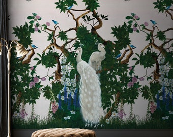 Chinoiserie bird wallpaper, Pink peacock wallpaper, Nature paste the wall wallpaper