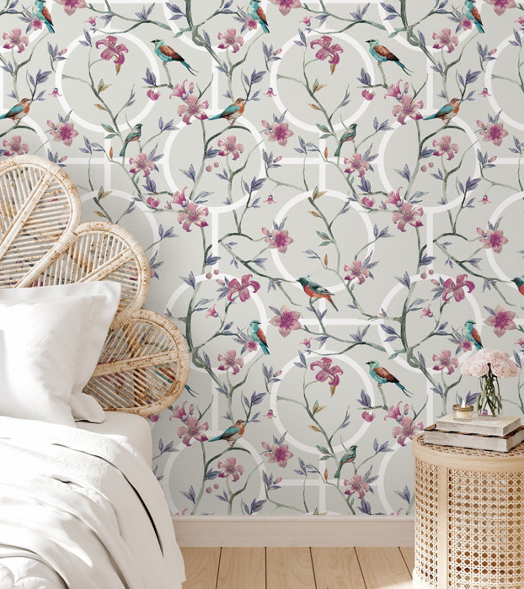 Floral Light Grey Geometric Bird Wallpaper Luxury Chinoiserie - Etsy