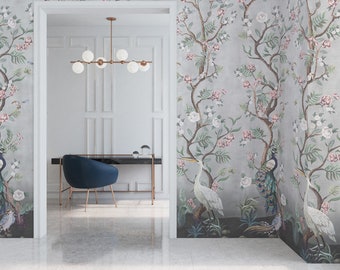 Cherry Blossom Grey Chinoiserie Distressed Paste the wall Kubla Khan wallpaper