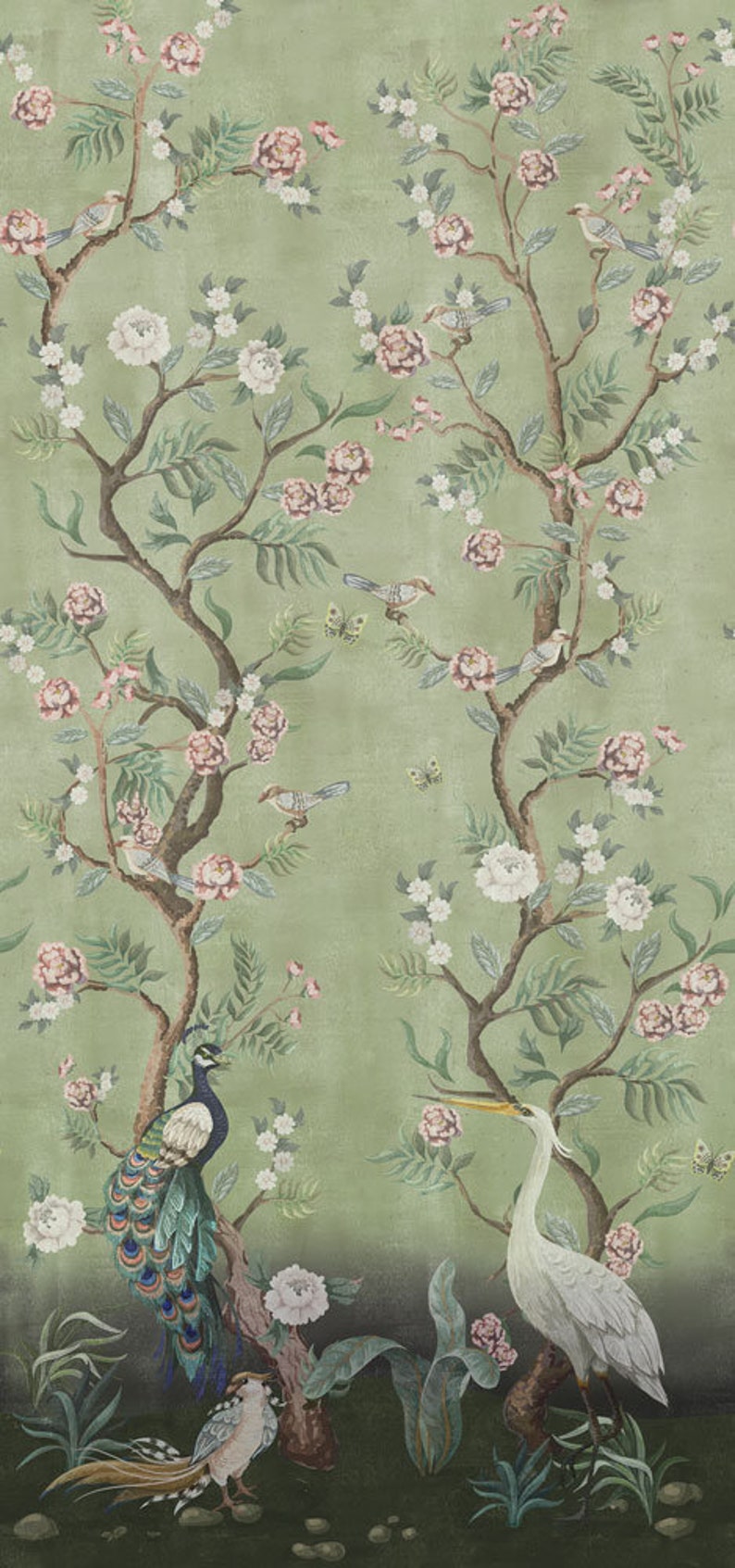Cherry Blossom Mint Green Chinoiserie Distressed Removable - Etsy