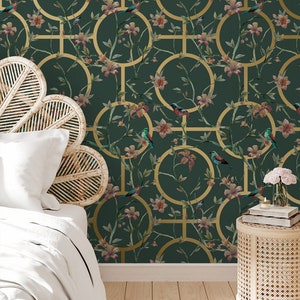 Carta da parati floreale verde geometrica con uccelli, carta da parati cineserie di lusso metallizzata oro