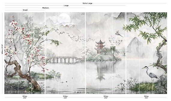 Grey & Green Japanese Cherry Blossom Wallpaper Mural, Removable