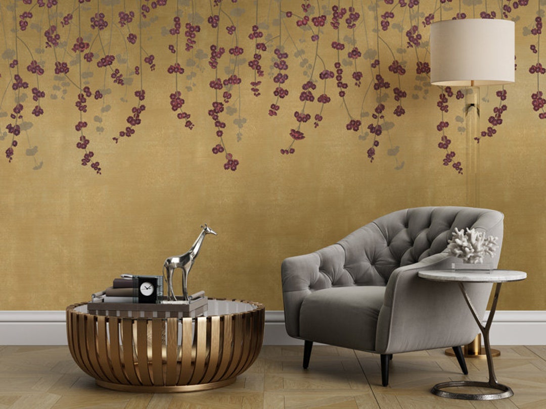 Cherry Blossom Wallpaper, Gold Metallic Chinoiserie Wallpaper, Luxury