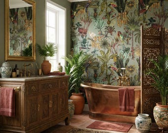 Tropical bird wallpaper jungle wall mural, removable peel and stick, paste the wall