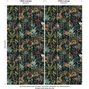 May include: Wallpaper featuring a dark green background with a dense tropical jungle pattern of palm leaves, exotic flowers, and colorful birds. Each roll covers 150cm/59 inches wide by 320cm/10.5ft high, containing three 50cm/19.6 inch wide strips.