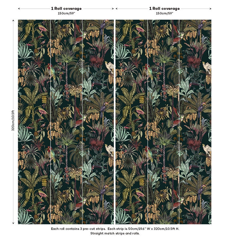 May include: Wallpaper featuring a dark green background with a dense tropical jungle pattern of palm leaves, exotic flowers, and colorful birds. Each roll covers 150cm/59 inches wide by 320cm/10.5ft high, containing three 50cm/19.6 inch wide strips.