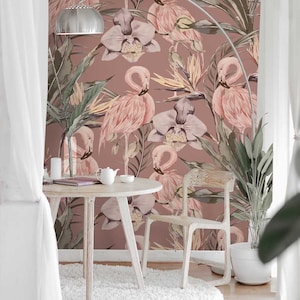 Flamingo wallpaper, purple tropical wallpaper, removable peel and stick, paste the wall