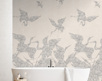 Beautiful Cream Heron Bird Wallpaper, Chinoiserie Luxury Removable Peel & Stick Wallpaper Mural