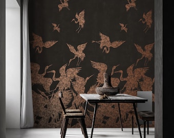 Beautiful Brown Heron Bird Wallpaper, Copper Metallic Luxury Chinoiserie Wallpaper Mural