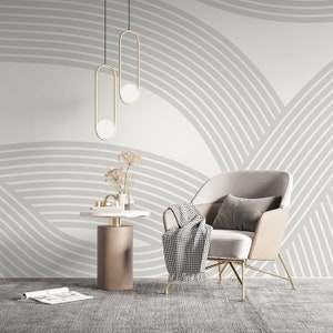 Grey & cream abstract lines wallpaper mural, paste the wall, removable peel and stick