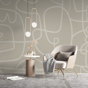 Cream doodle line drawing wallpaper mural, paste the wall, removable peel and stick