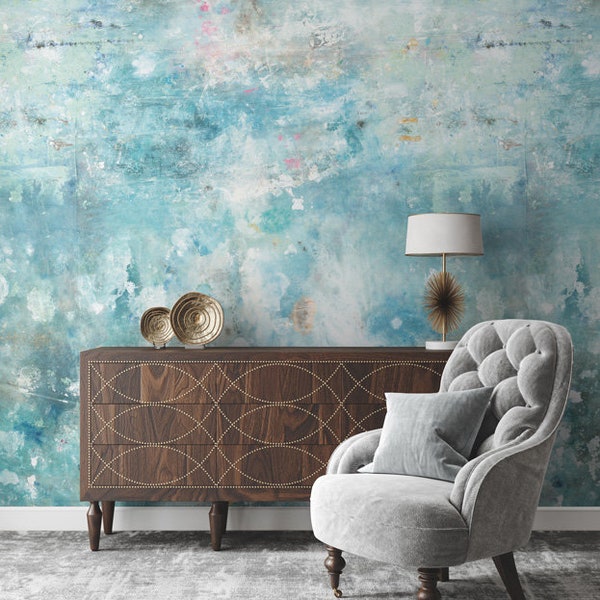 Watercolour light blue abstract wallpaper, paste the wall mural, removable peel and stick