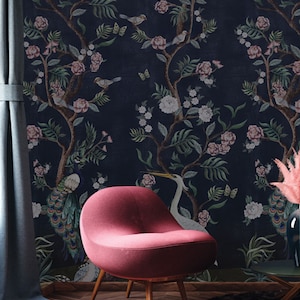 Kirschblüte Dunkelblau Chinoiserie Distressed Abnehmbare Peel-and-Stick Kubla Khan Tapete