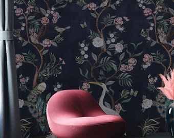 Cherry Blossom Dark Blue Chinoiserie Distressed Removable  Peel-and-Stick Kubla Khan wallpaper