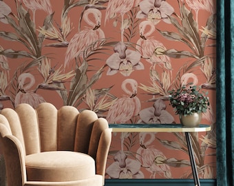 Flamingo behang, oranje tropisch behang, verwijderbaar, zelfklevend, plakken op de muur.