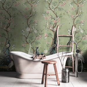 Cherry Blossom Mint Green Chinoiserie Distressed Removable Peel-and-Stick Kubla Khan wallpaper