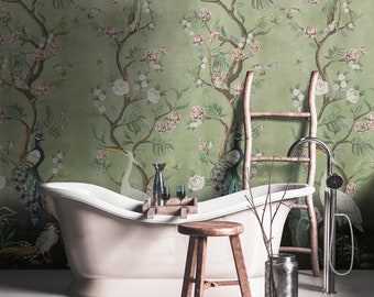 Cherry Blossom Mint Green Chinoiserie Distressed Removable Peel-and-Stick Kubla Khan wallpaper