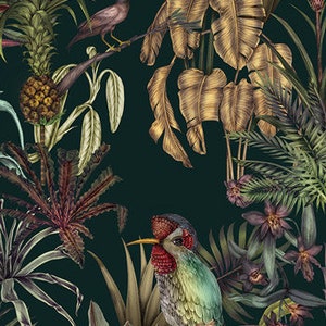 May include: A dark green wallpaper featuring a dense tropical jungle pattern with golden palm leaves, a pineapple, a small bird perched on a branch, and a prominent hummingbird with a red head and green body surrounded by purple flowers.
