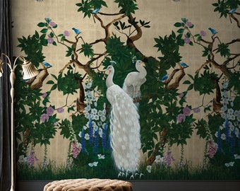 Chinoiserie bird wallpaper, Yellow peacock wallpaper, Nature paste the wall wallpaper