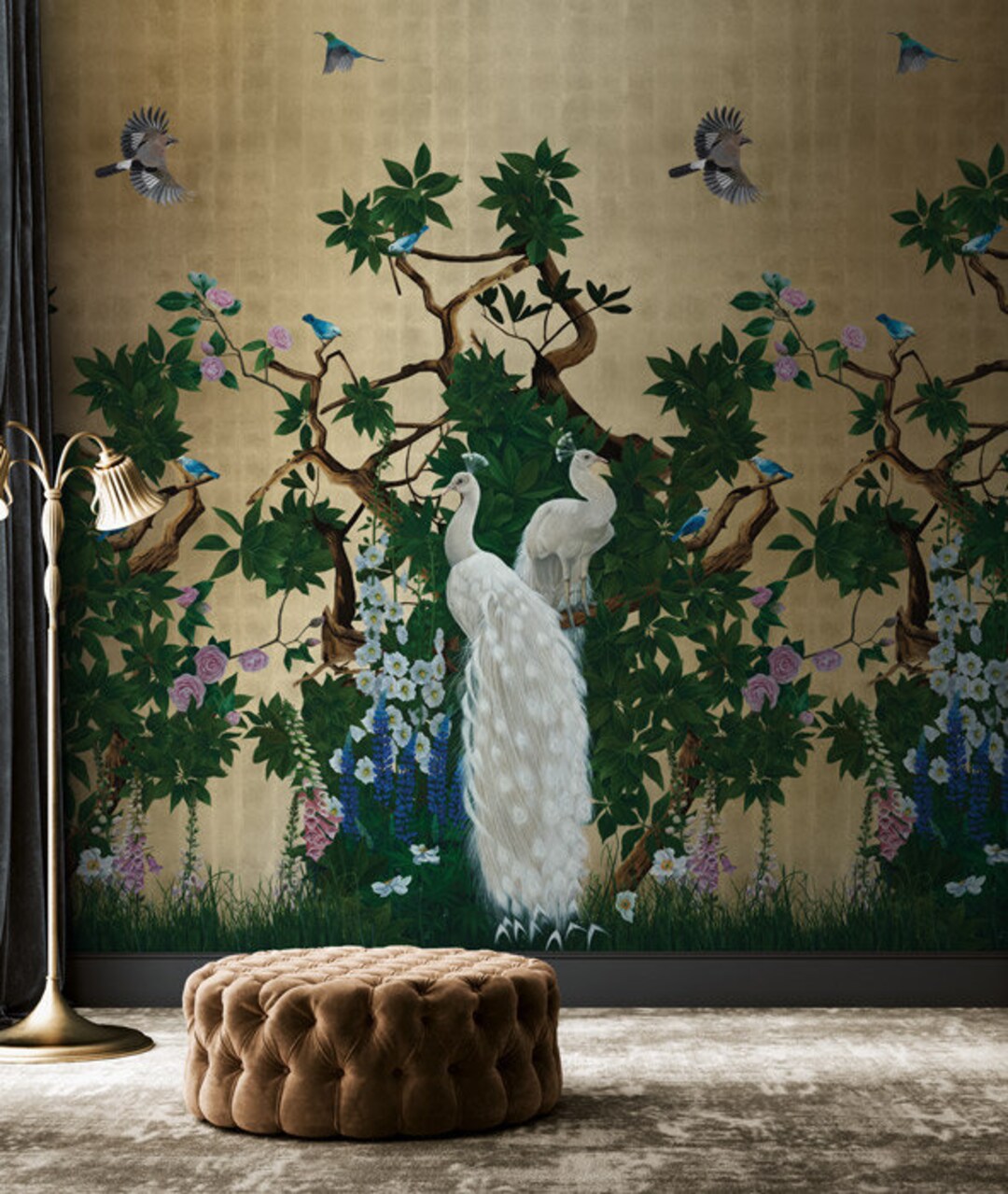 Chinoiserie Bird Wallpaper, Gold Peacock Wallpaper, Gold Metallic