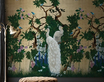 Chinoiserie bird wallpaper, Gold peacock wallpaper, Gold metallic luxury wallpaper