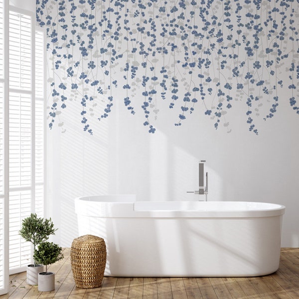 Cherry Blossom wallpaper, White and Blue Chinoiserie wallpaper, Floral peel and stick removable wallpaper