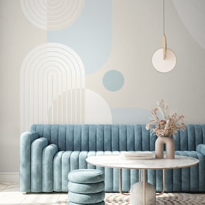 Carta da parati murale con forme retrò color crema e blu, incollabile sul muro, staccabile e incollabile