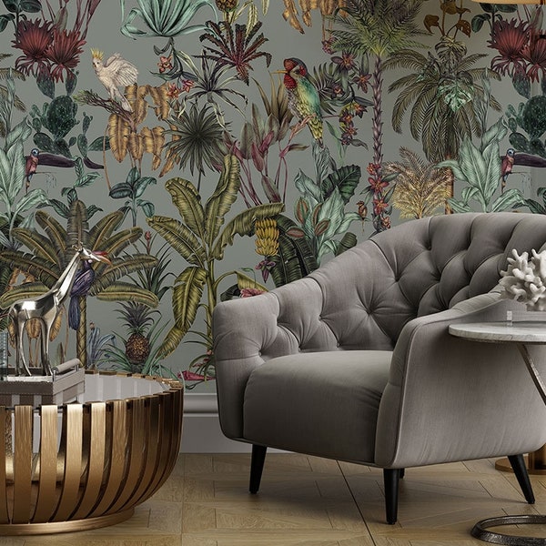 Tropical bird wallpaper jungle wall mural, removable peel and stick, paste the wall